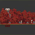 3D Pixel Art Scene With Red Blocks Gray Tower And White Rock Structures