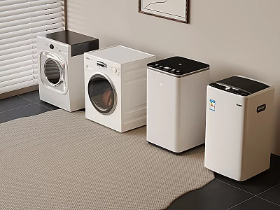 Indoor Laundry Space With Four Washing Machines Lined Up Against Wall And Window Blinds 3d model