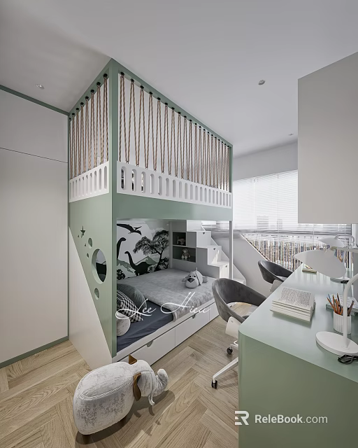 Kids Room Design with Loft Bed Green Railings Dinosaur Decor Study Desk Storage Drawers 3d model 