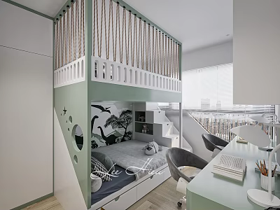 Kids Room Design with Loft Bed Green Railings Dinosaur Decor Study Desk Storage Drawers 3d model