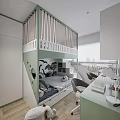Kids Room Design with Loft Bed Green Railings Dinosaur Decor Study Desk Storage Drawers