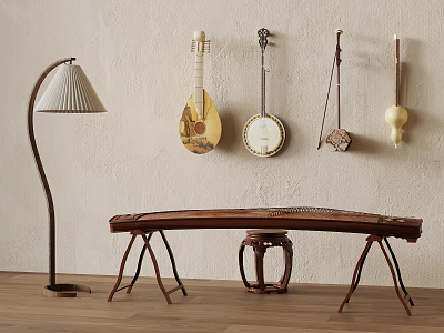 Traditional Musical Instruments Display With Guzheng Pipa And Bamboo Flute 3d model