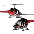 Two Red and Black Model Helicopters with Detailed Rotors and Fuselage Design