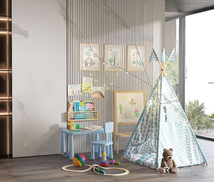 Children Tepee Tent With Blue White Zigzag Pattern Teddy Bear Colorful Toys And Small Table 3d model 