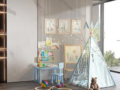 Children Tepee Tent With Blue White Zigzag Pattern Teddy Bear Colorful Toys And Small Table 3d model