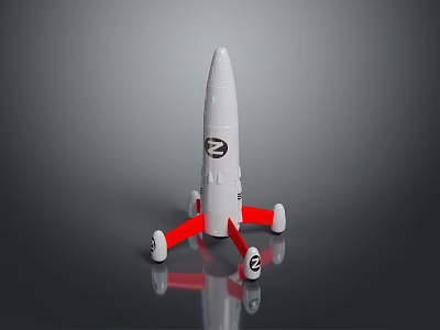 White Model Rocket With Red Stands And E Logo On Reflective Surface 3d model