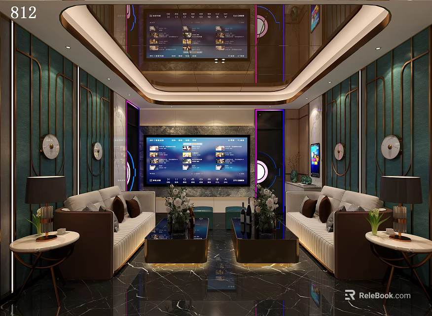 Luxurious KTV Interior With Large Screen Comfortable Sofas Modern Lighting And Decor 3d model