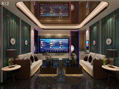 Luxurious KTV Interior With Large Screen Comfortable Sofas Modern Lighting And Decor 3d model