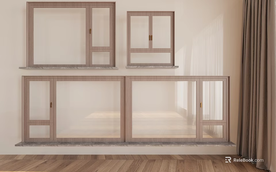 Modern Interior Casement Windows With Wooden Frame And Bright Room Design 3d model 