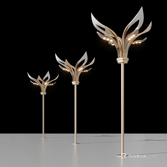 Leaf Shaped Outdoor Lights with Gold Pole and LED Bulbs for Garden Lighting 3d model 