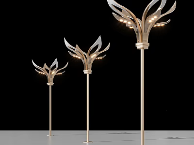 Leaf Shaped Outdoor Lights with Gold Pole and LED Bulbs for Garden Lighting 3d model