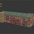 Red Brick Industrial Factory Building With Multiple Windows And Blue Roof Structure