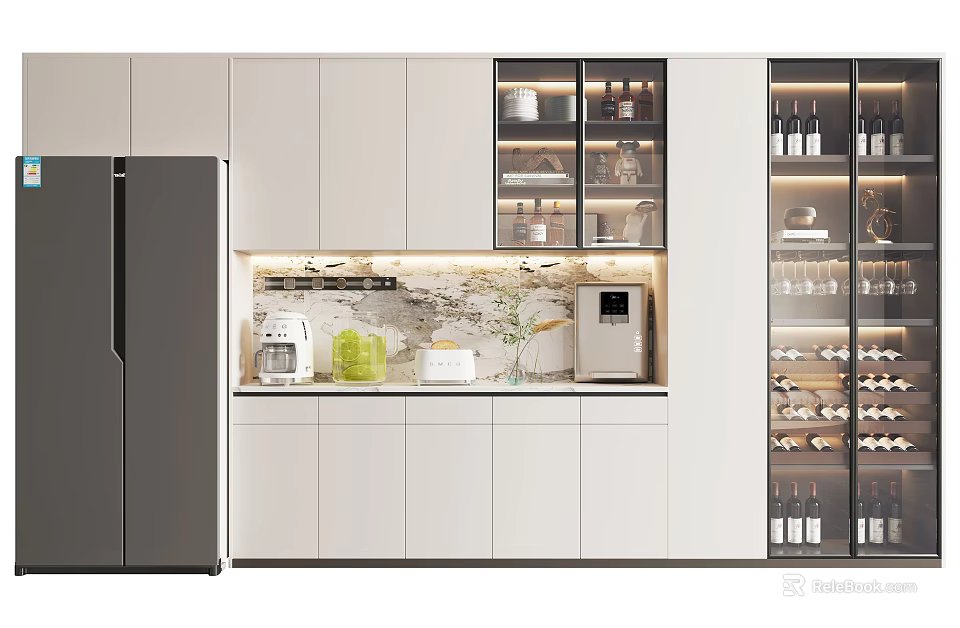 Modern Wine Cabinet Design In Contemporary Kitchen With Glass Doors Wine Racks And White Cabinets 3d model 