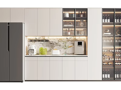 Modern Wine Cabinet Design In Contemporary Kitchen With Glass Doors Wine Racks And White Cabinets 3d model