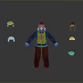 Man In Brown Outfit With Yellow Vest Standing Surrounded By Various Helmets
