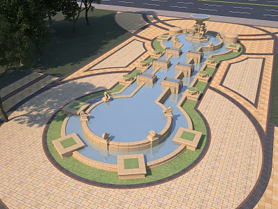 Elegant Garden Ornament With Tiered Fountain Sculpture Details Water Pools And Paved Area 3d model