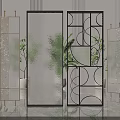 Modern Glass Room Dividers With Metal Frames Geometric Patterns And Plants Background 3d model