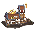 Cartoon Bar Scene With Orange Roof And Clock Decorations Wooden Barrels Benches And Stairs