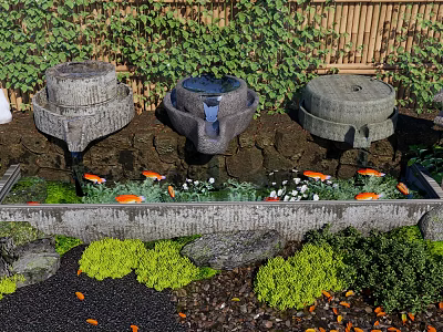 Stone Water Features In Garden With Bamboo Fence Orange Koi Fish And Aquatic Plants 3d model