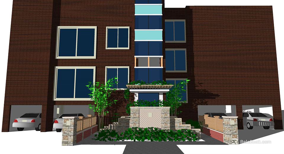 Beautiful Courtyard Garden With Green Plants Stone Steps And Brown Building Windows 3d model 