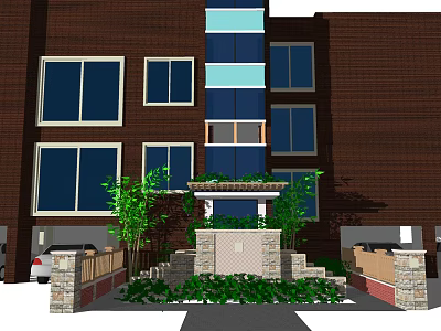 Beautiful Courtyard Garden With Green Plants Stone Steps And Brown Building Windows 3d model