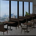 Public Chairs In Modern Restaurant With Green Cushions Wooden Tables And City View