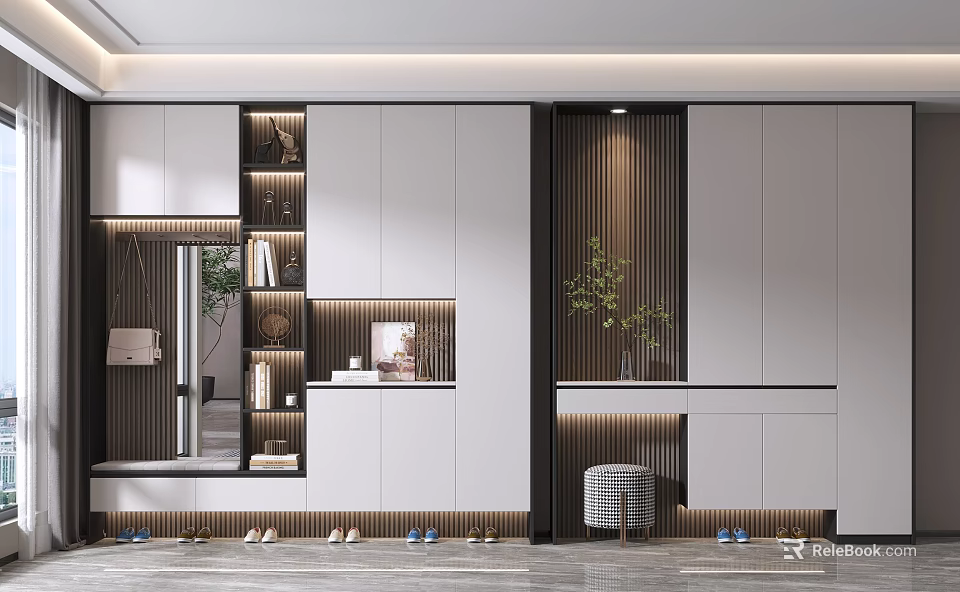 Modern Shoe Cabinet With White Dark Panels Open Shelves Mirror Shoe Bench And Green Plant 3d model 
