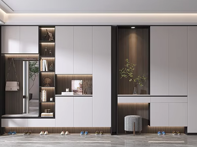 Modern Shoe Cabinet With White Dark Panels Open Shelves Mirror Shoe Bench And Green Plant 3d model