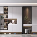 Modern Shoe Cabinet With White Dark Panels Open Shelves Mirror Shoe Bench And Green Plant