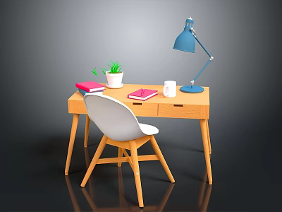 Modern Home Office Desk Setup With White Chair Blue Lamp And Green Plant 3d model