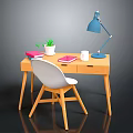 Modern Home Office Desk Setup With White Chair Blue Lamp And Green Plant