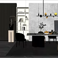 Modern Dining Table Set With Gray Chairs Hanging Lights And Decorative Bookshelf