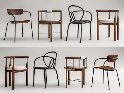 Various Designed Leisure Chairs With Wooden Frames Metal Legs And Curved Backrests 3d model