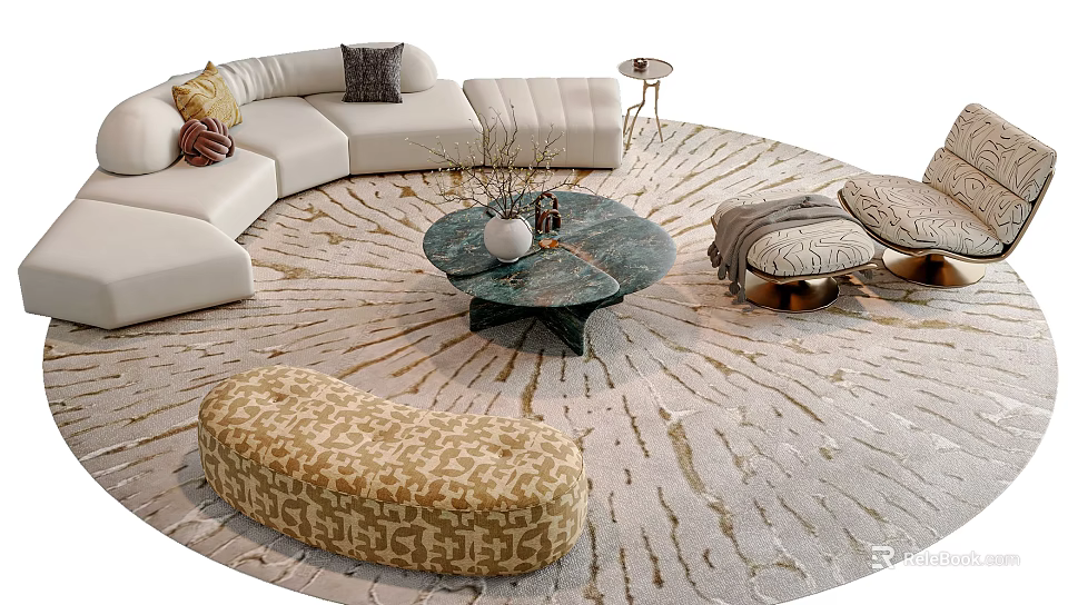 White L Sofa and Green Marble Round Coffee Table Set with Decorative Pillows on Gold Patterned Rug 3d model 