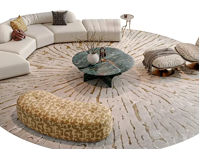 White L Sofa and Green Marble Round Coffee Table Set with Decorative Pillows on Gold Patterned Rug 3d model