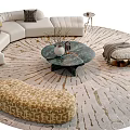 White L Sofa and Green Marble Round Coffee Table Set with Decorative Pillows on Gold Patterned Rug