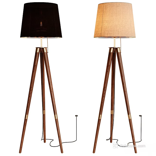 Modern Tripod Floor Lamps With Wooden Stand Black And Beige Lampshades Brass Accents 3d model 