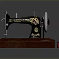 Vintage Sewing Machine With Black Body Golden Patterns Wooden Base And Red Thread Spool