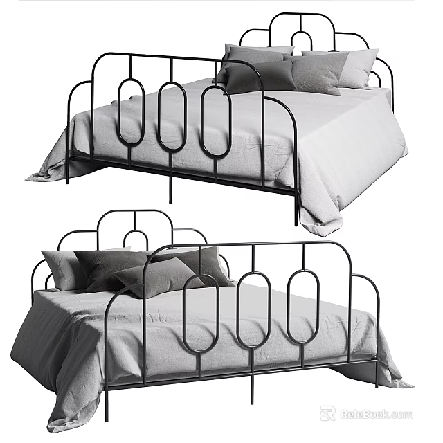 Modern Double Bed With Iron Frame Curved Headboard And Soft Pillows 3d model 