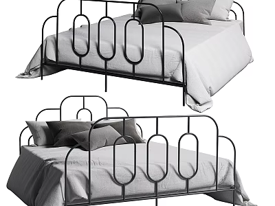 Modern Double Bed With Iron Frame Curved Headboard And Soft Pillows 3d model