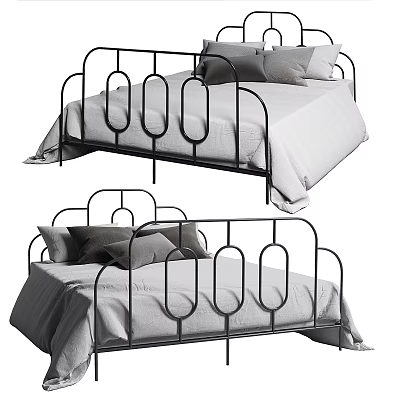 Modern Double Bed With Iron Frame Curved Headboard And Soft Pillows 3d model