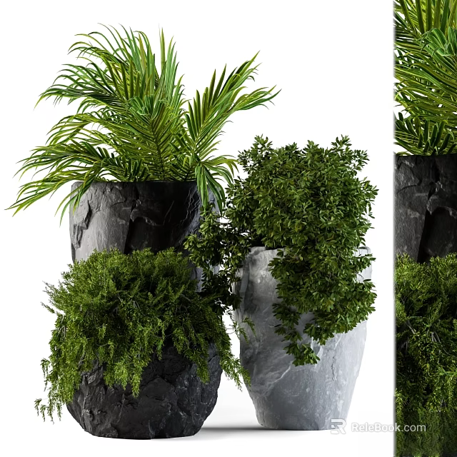Natural Garden Accents With Stone Textured Planters And Lush Green Foliage 3d model 