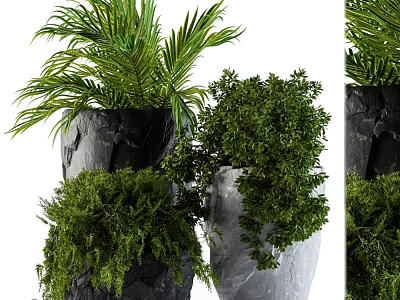 Natural Garden Accents With Stone Textured Planters And Lush Green Foliage 3d model