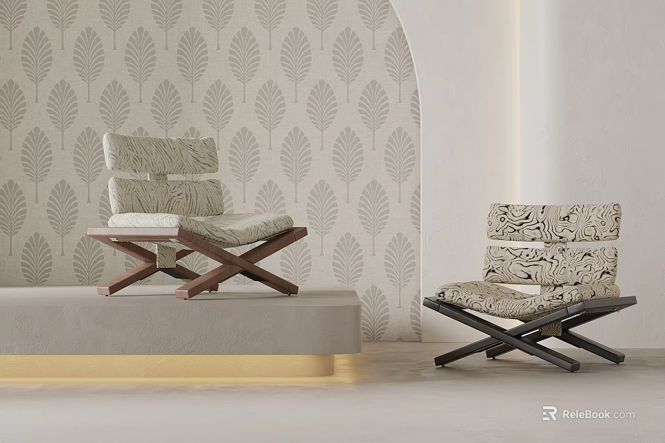 Modern Leisure Chairs With Wooden Frame And Patterned Upholstery In Leaf Pattern Wallpaper Interior 3d model 