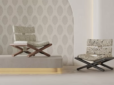 Modern Leisure Chairs With Wooden Frame And Patterned Upholstery In Leaf Pattern Wallpaper Interior 3d model