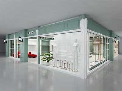 Modern Clothing Store Interior With Glass Front Mannequins Red Couch And Potted Plant 3d model