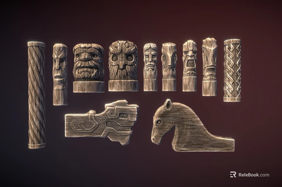 Wooden Carved Decorative Ornament Set Featuring Various Shapes Including Face Horse And Patterned Pillars 3d model 