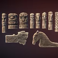 Wooden Carved Decorative Ornament Set Featuring Various Shapes Including Face Horse And Patterned Pillars