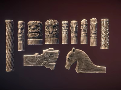 Wooden Carved Decorative Ornament Set Featuring Various Shapes Including Face Horse And Patterned Pillars 3d model