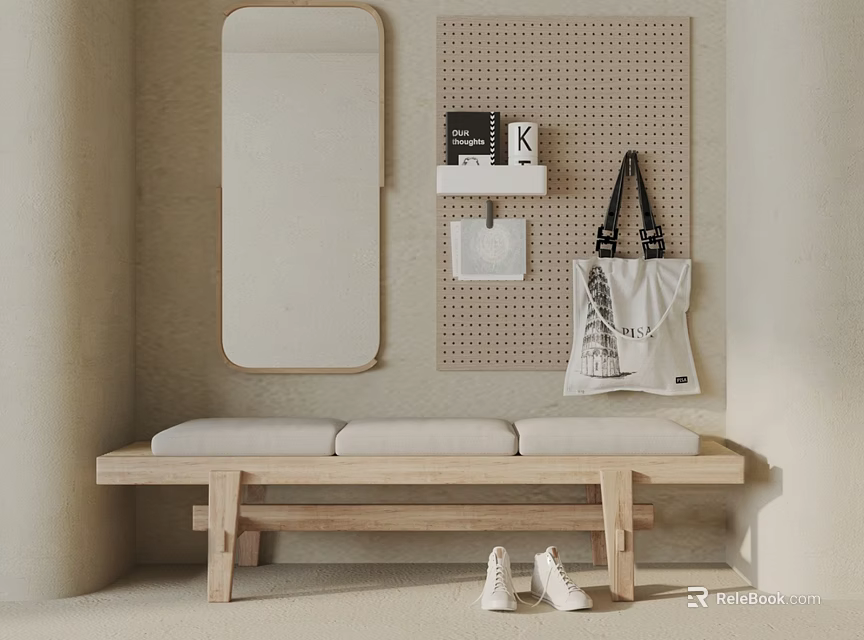 Wooden Cushioned Bench in Minimalist Entryway With Mirror Pegboard Hanging Bag and Shoes 3d model 